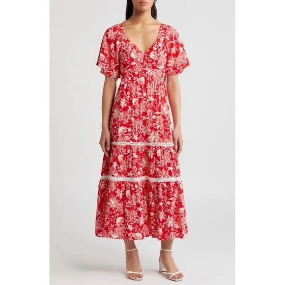 Adelyn Rae Dresses & Skirts - NWT Adelyn Rae Red Floral Tiered Maxi Dress Sz L Tropical Resort Vacation Boho